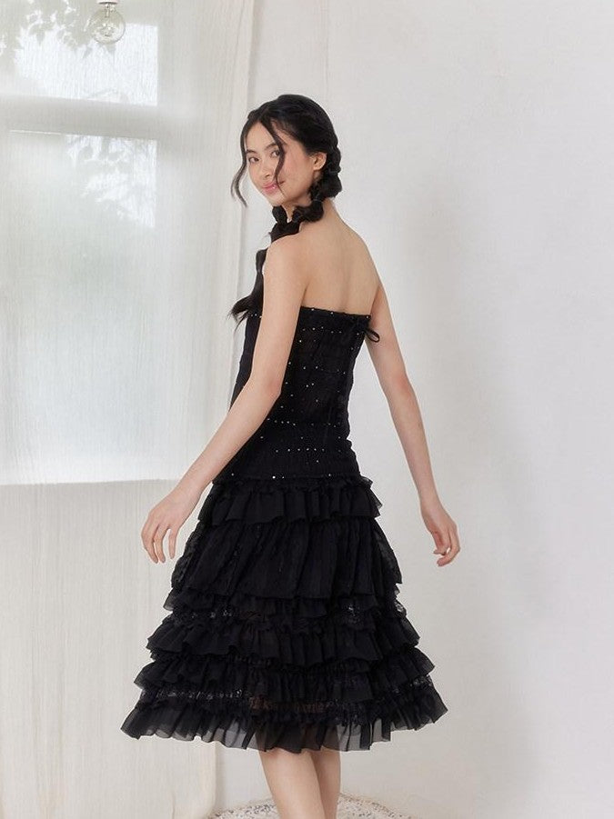 SENSELF Black Pleated Lace Asymmetric Patchwork Short Women's Tulle Mesh Tiered Skirts
