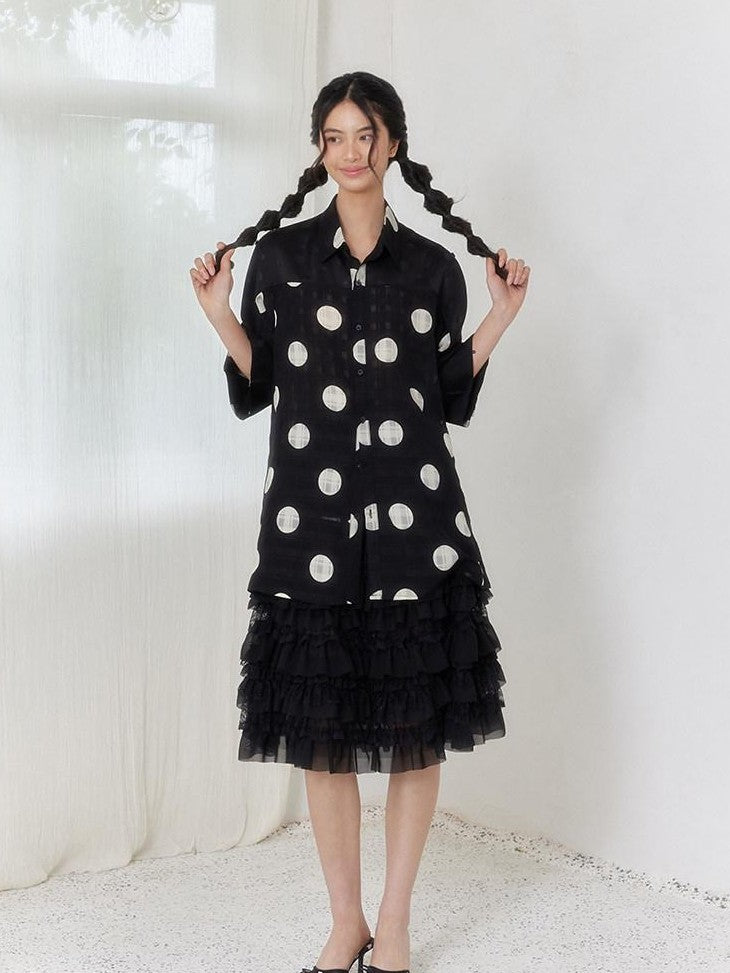 SENSELF Black Pleated Lace Asymmetric Patchwork Short Women's Tulle Mesh Tiered Skirts