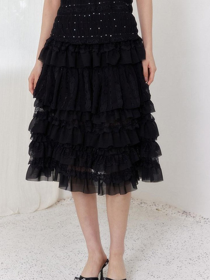 SENSELF Black Pleated Lace Asymmetric Patchwork Short Women's Tulle Mesh Tiered Skirts