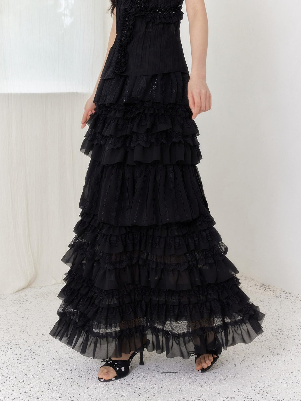 SENSELF Black Pleated Lace Irregular Patchwork Women's Tulle Tiered Skirts