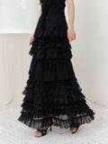 SENSELF Black Pleated Lace Irregular Patchwork Women's Tulle Tiered Skirts