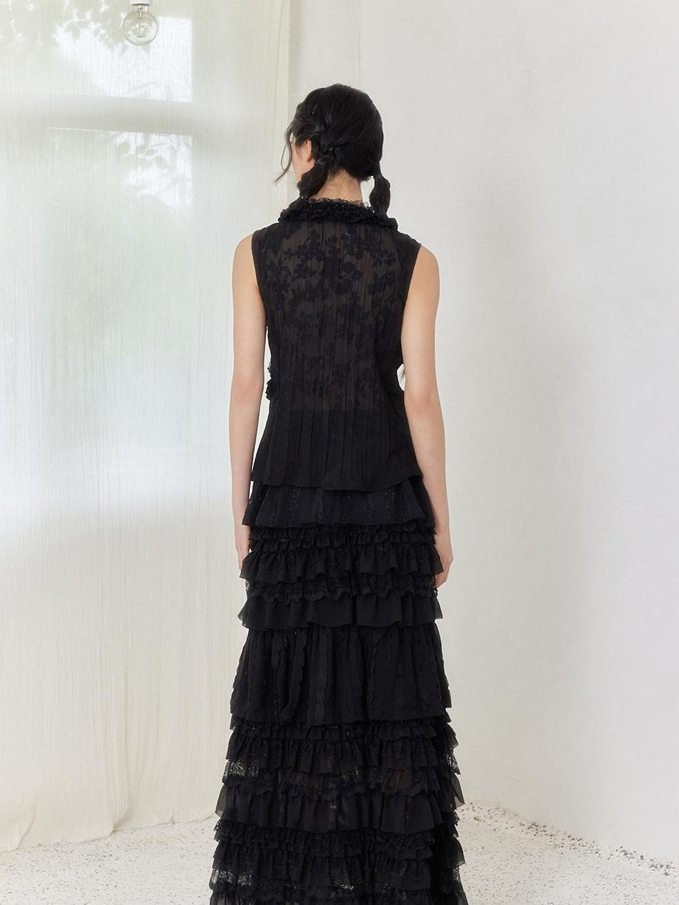 SENSELF Black Pleated Lace Irregular Patchwork Women's Tulle Tiered Skirts