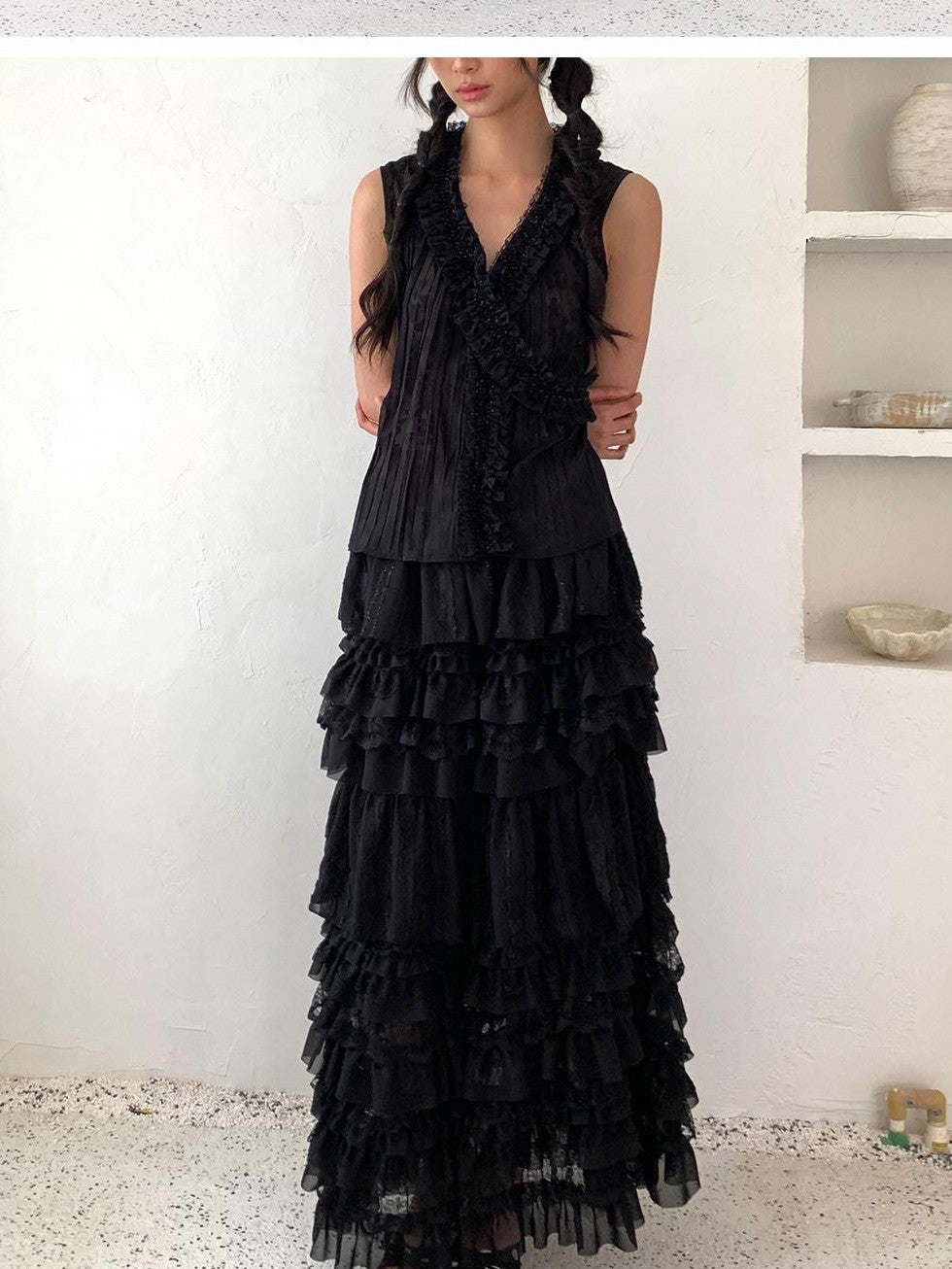 SENSELF Black Pleated Lace Irregular Patchwork Women's Tulle Tiered Skirts