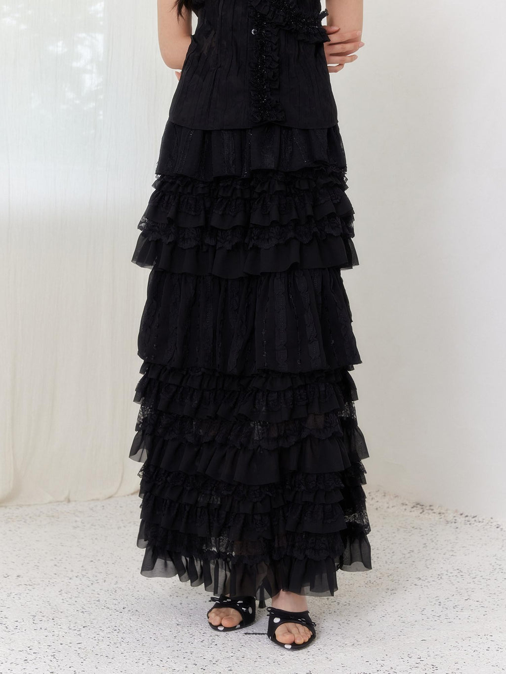 SENSELF Black Pleated Lace Irregular Patchwork Women's Tulle Tiered Skirts