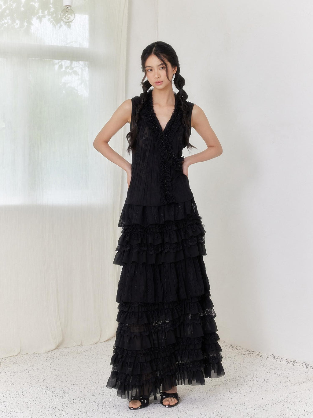 SENSELF Black Pleated Lace Irregular Patchwork Women's Tulle Tiered Skirts