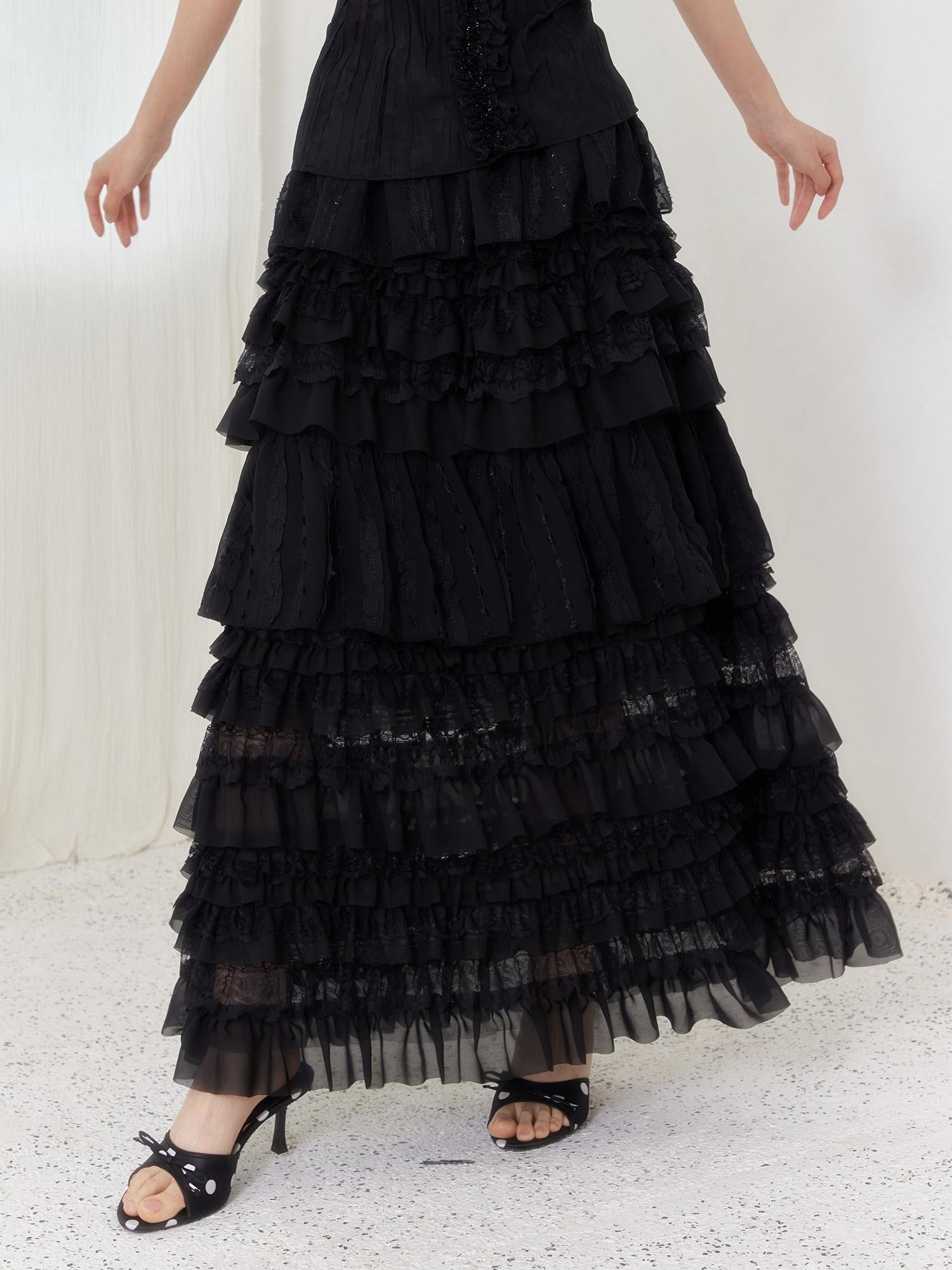 SENSELF Black Pleated Lace Irregular Patchwork Women's Tulle Tiered Skirts