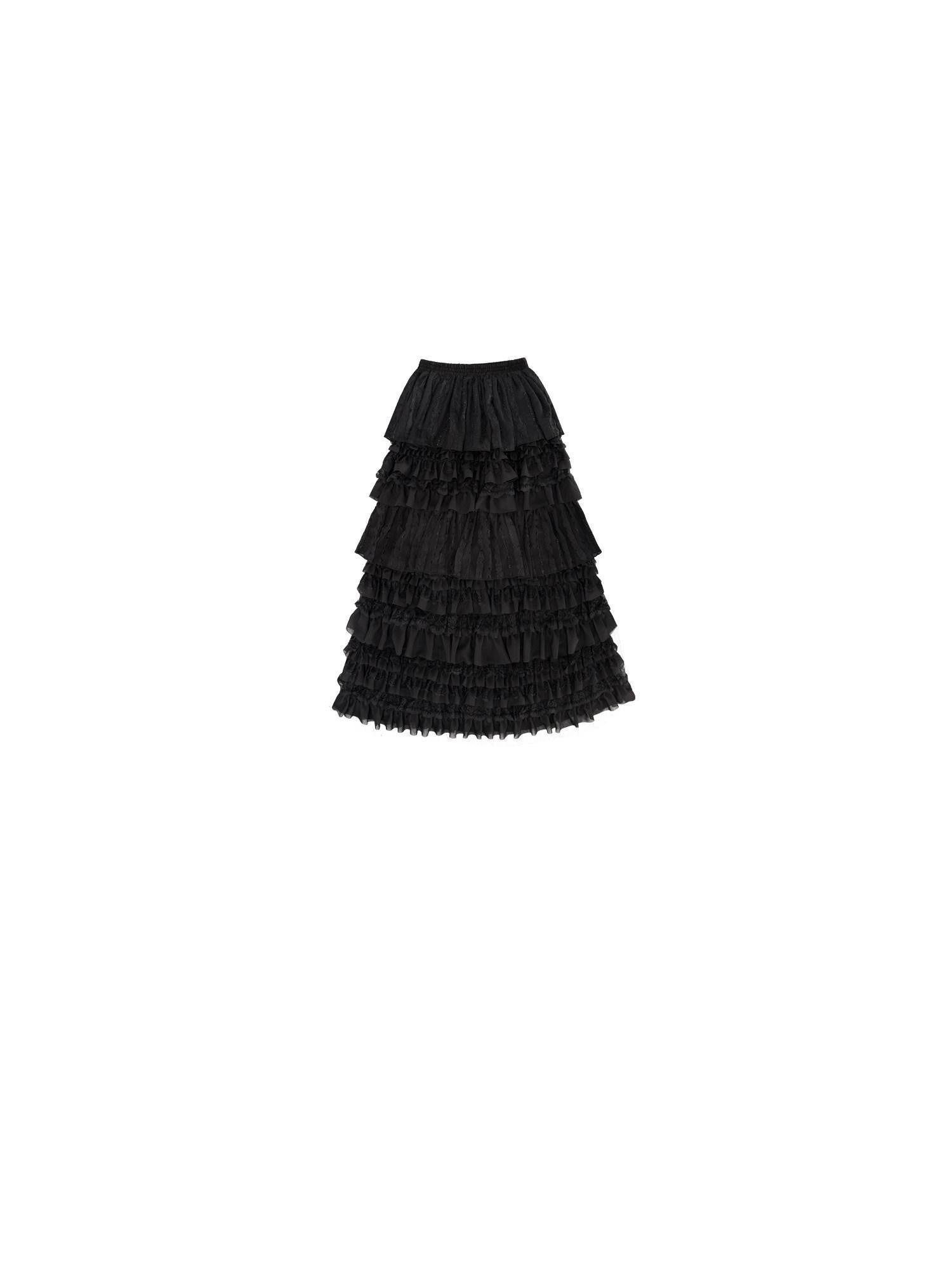 SENSELF Black Pleated Lace Irregular Patchwork Women's Tulle Tiered Skirts