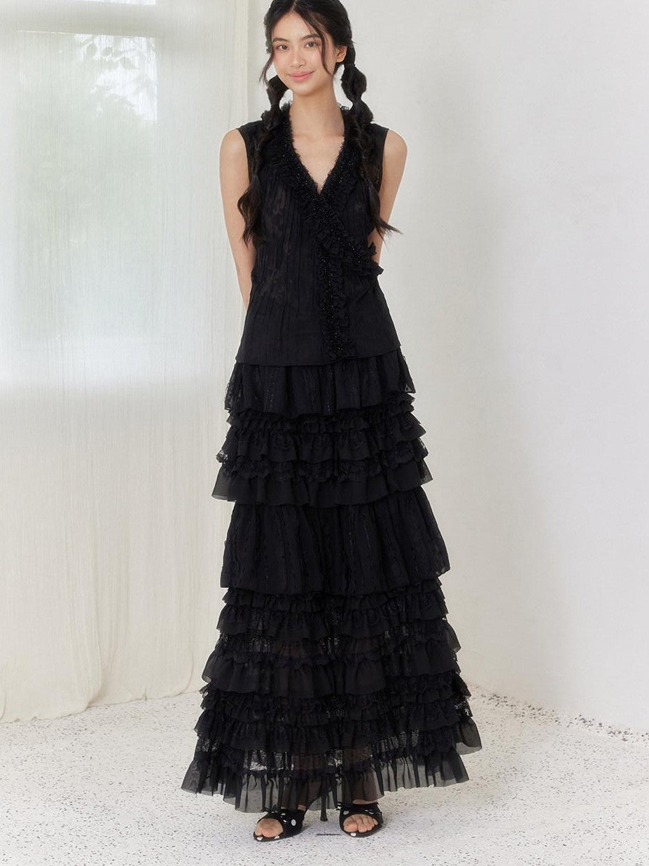SENSELF Black Pleated Lace Irregular Patchwork Women's Tulle Tiered Skirts