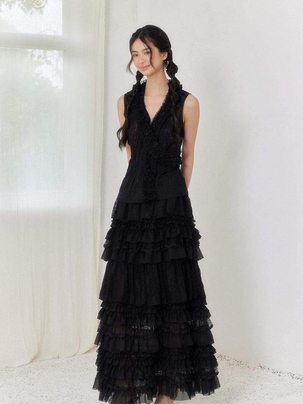 SENSELF Black Pleated Lace Irregular Patchwork Women's Tulle Tiered Skirts