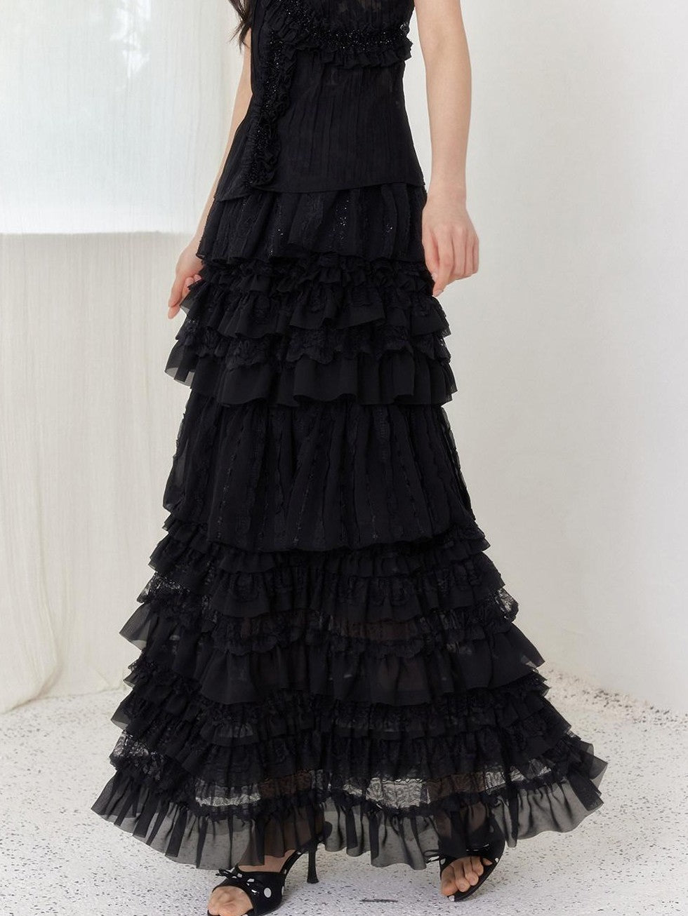SENSELF Black Pleated Lace Irregular Patchwork Women's Tulle Tiered Skirts