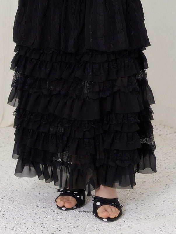 SENSELF Black Pleated Lace Irregular Patchwork Women's Tulle Tiered Skirts
