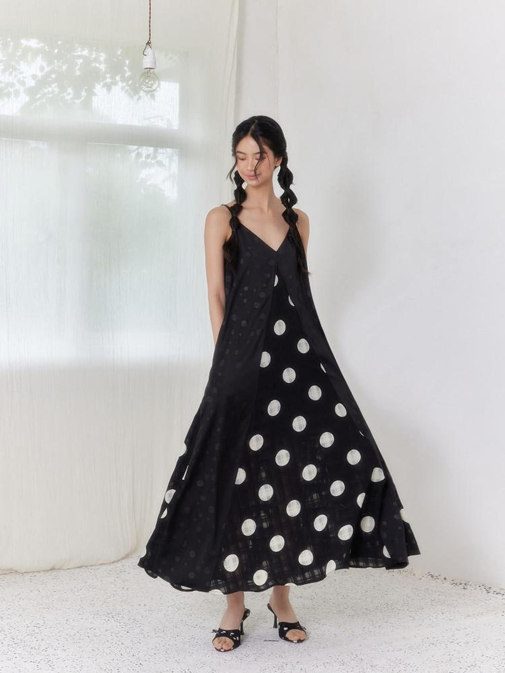 SENSELF Black Polka Dot Plaid Patchwork Asymmetrical V-neck Women's Slip Maxi Dresses