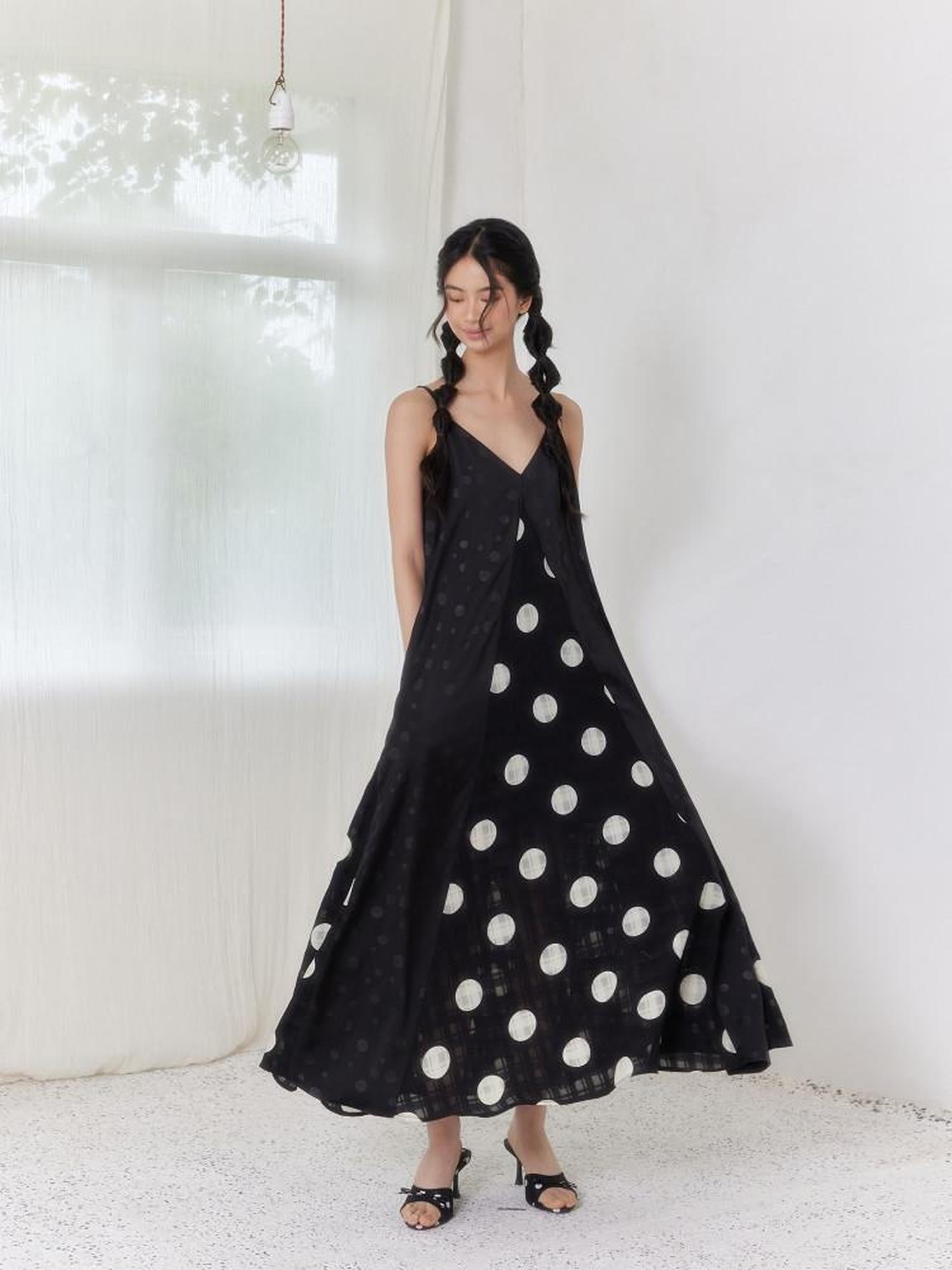 SENSELF Black Polka Dot Plaid Patchwork Asymmetrical V-neck Women's Slip Maxi Dresses
