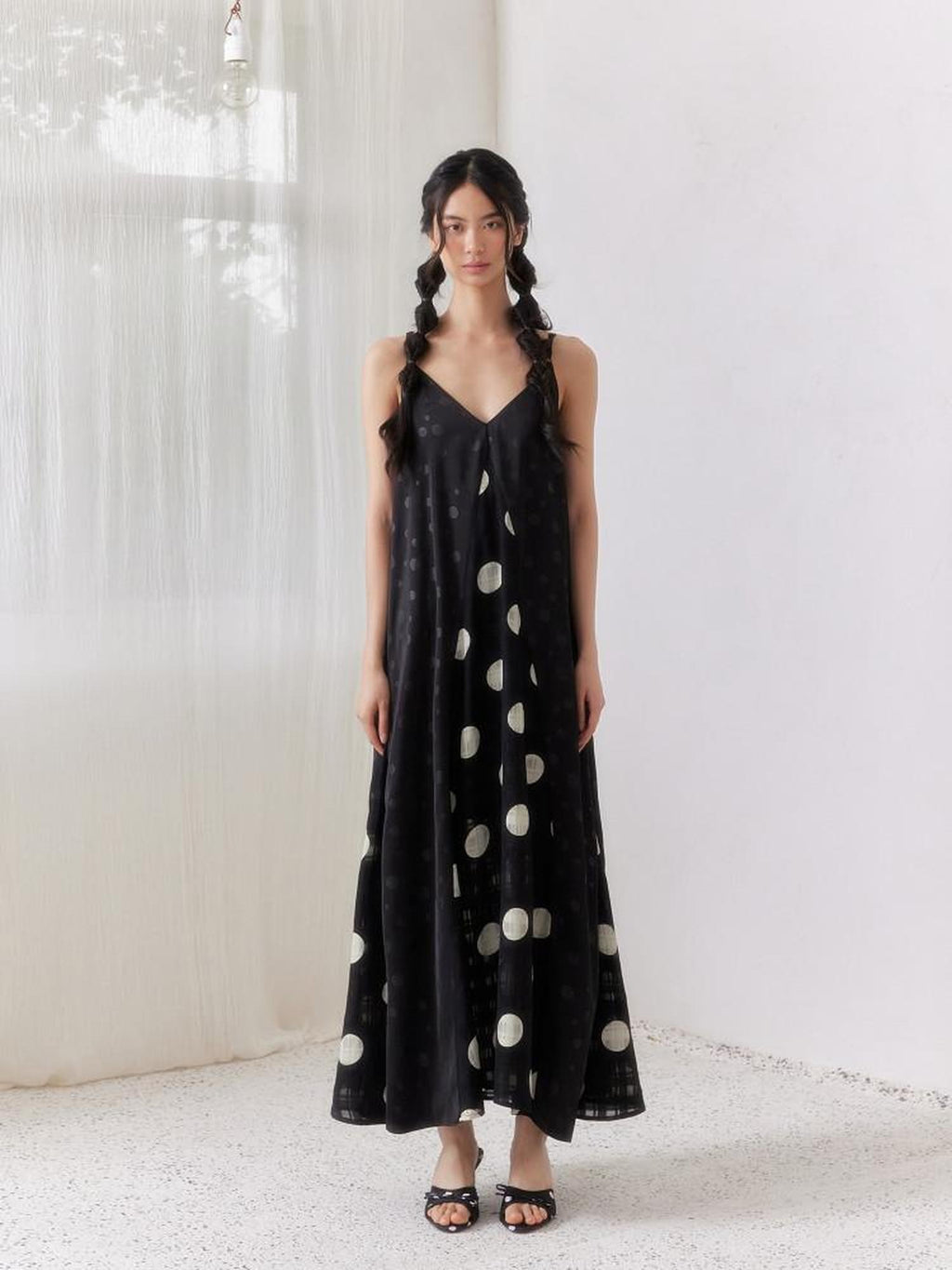 SENSELF Black Polka Dot Plaid Patchwork Asymmetrical V-neck Women's Slip Maxi Dresses