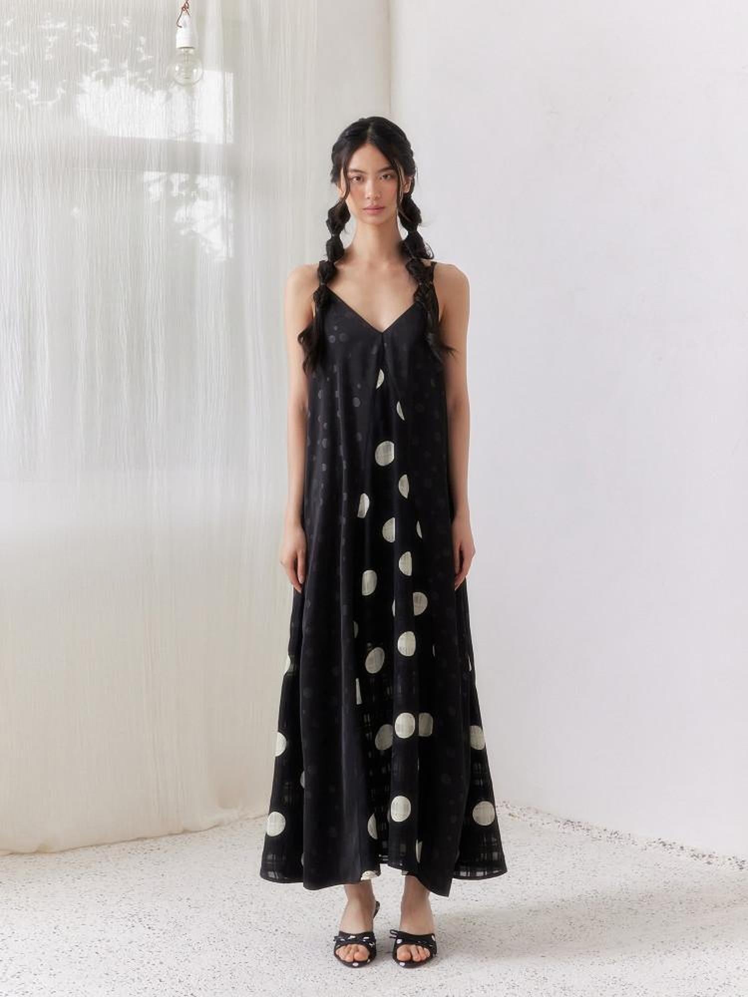 SENSELF Black Polka Dot Plaid Patchwork Asymmetrical V-neck Women's Slip Maxi Dresses