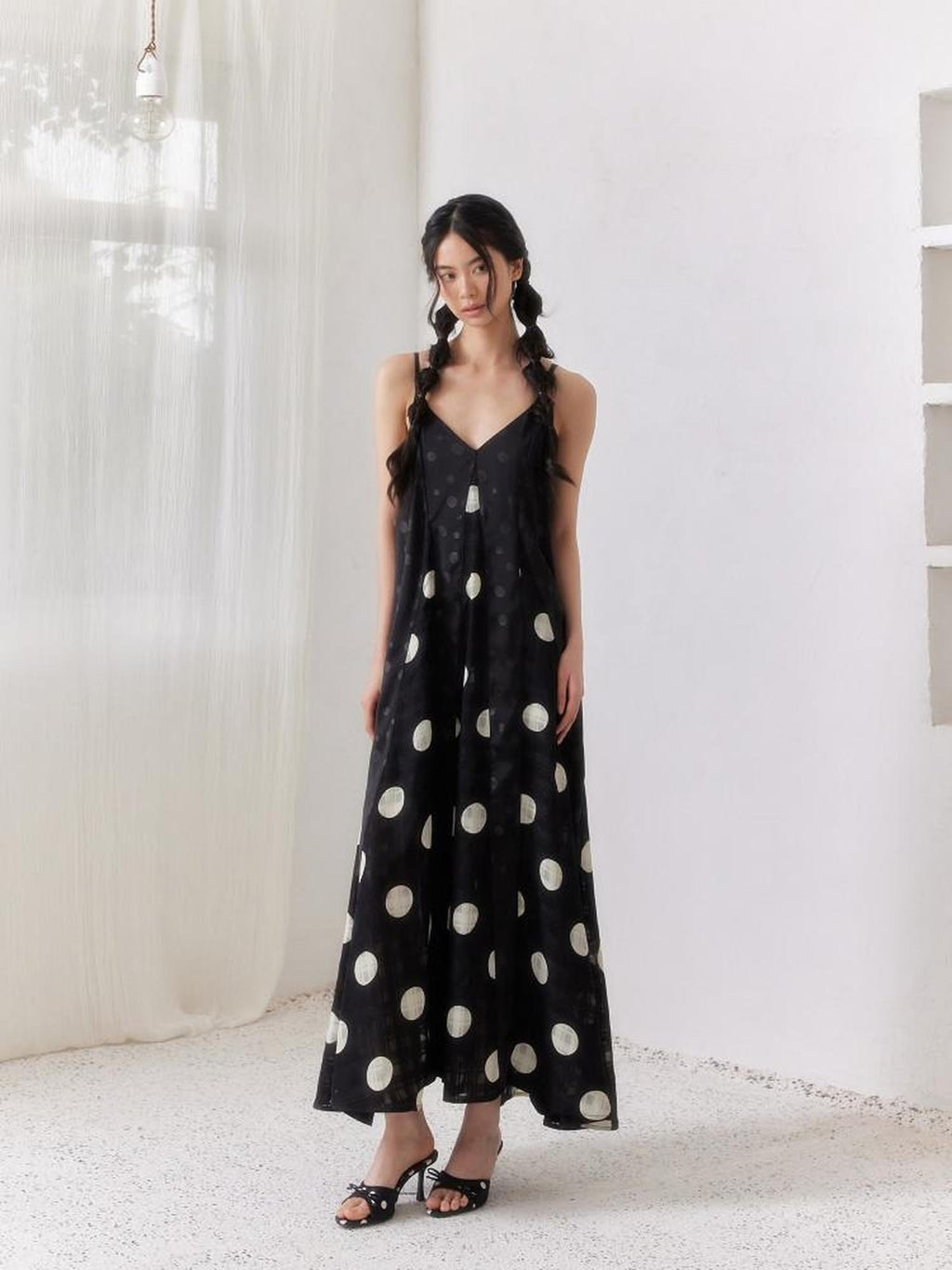 SENSELF Black Polka Dot Plaid Patchwork Asymmetrical V-neck Women's Slip Maxi Dresses