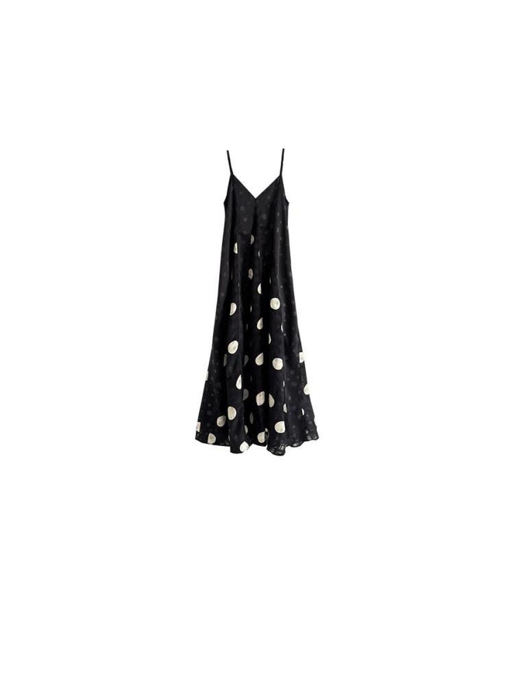 SENSELF Black Polka Dot Plaid Patchwork Asymmetrical V-neck Women's Slip Maxi Dresses