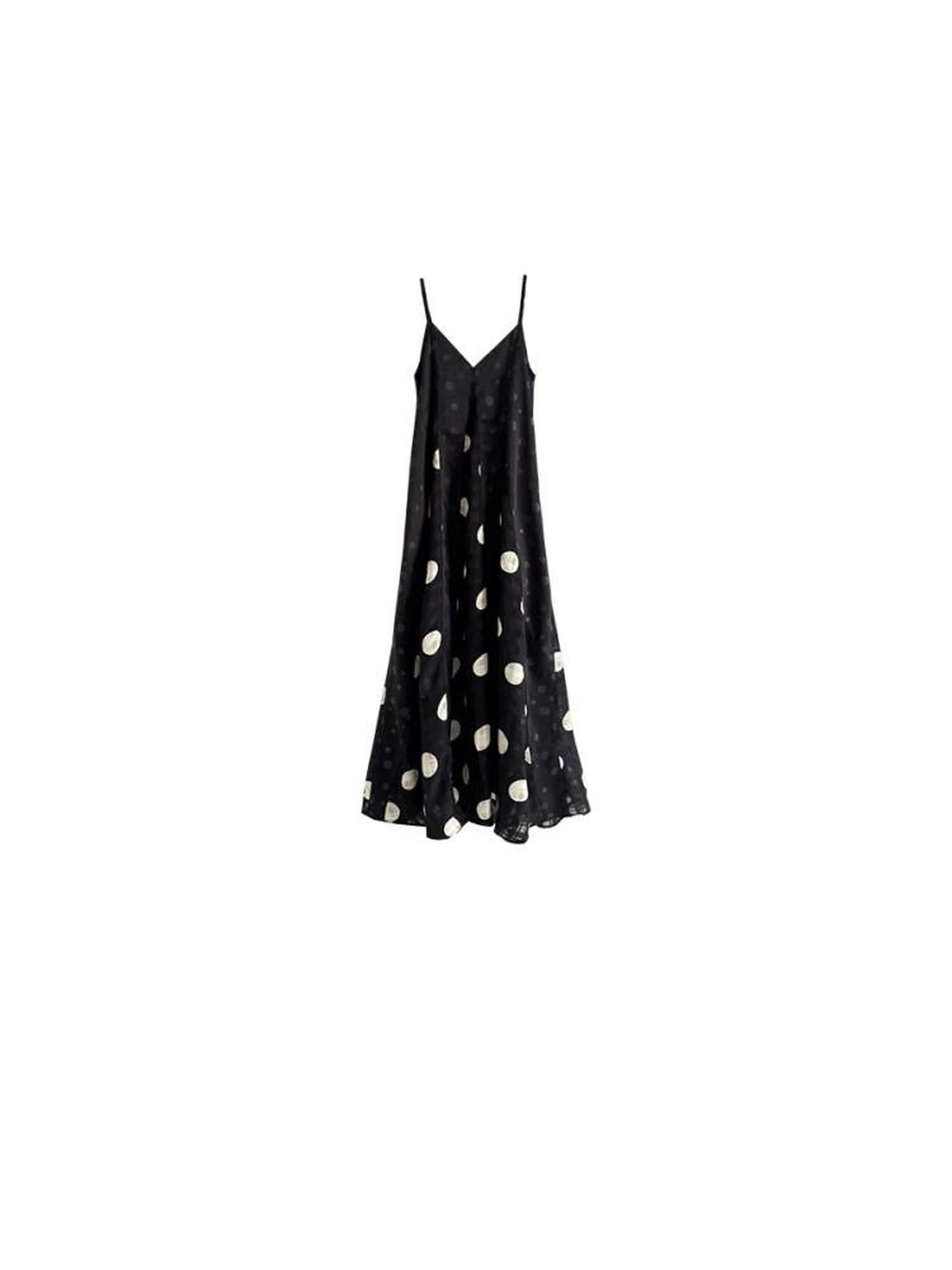 SENSELF Black Polka Dot Plaid Patchwork Asymmetrical V-neck Women's Slip Maxi Dresses