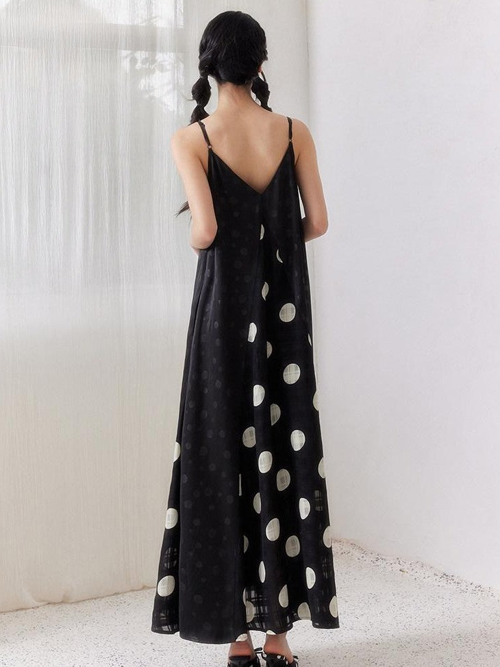 SENSELF Black Polka Dot Plaid Patchwork Asymmetrical V-neck Women's Slip Maxi Dresses