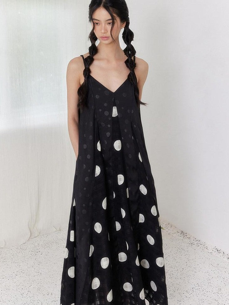 SENSELF Black Polka Dot Plaid Patchwork Asymmetrical V-neck Women's Slip Maxi Dresses