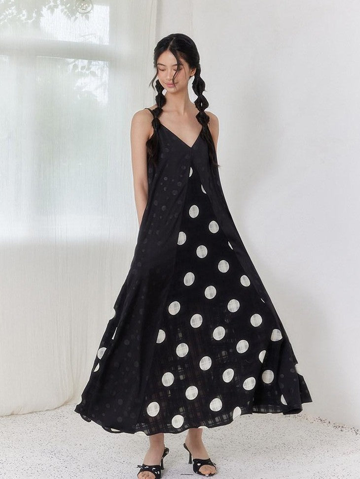 SENSELF Black Polka Dot Plaid Patchwork Asymmetrical V-neck Women's Slip Maxi Dresses