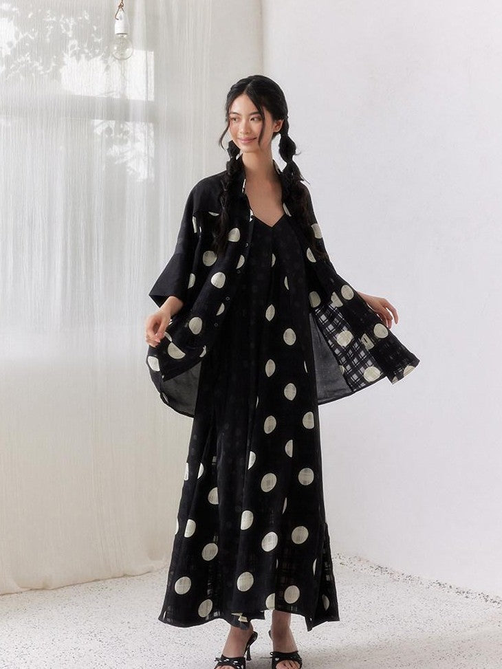 SENSELF Black Polka Dot Plaid Patchwork Asymmetrical V-neck Women's Slip Maxi Dresses