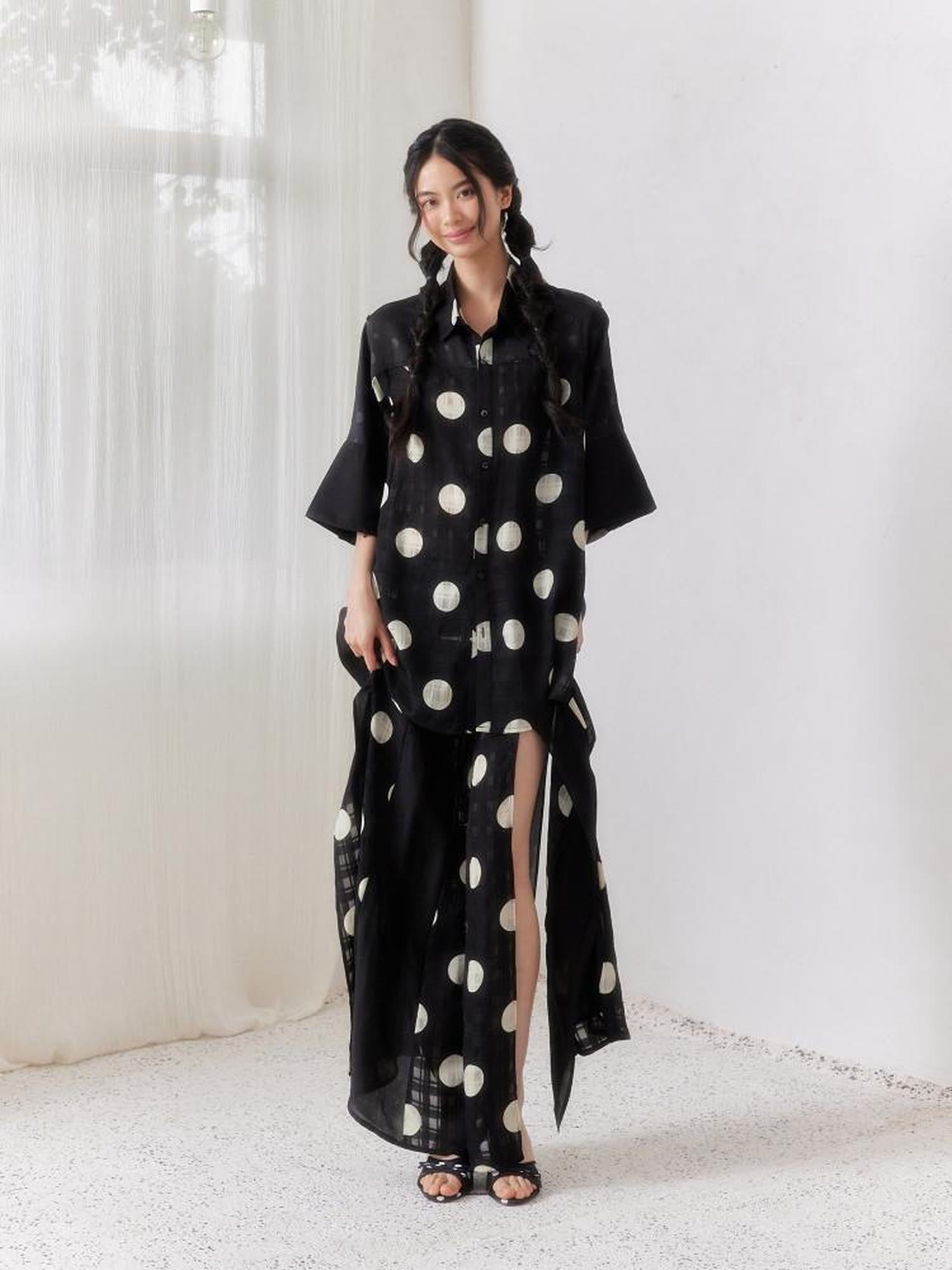 SENSELF Black Polka Dot Plaid Patchwork Women's Loose Three Quarter Sleeve Shirts