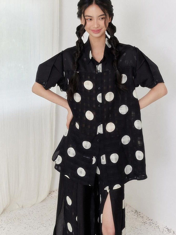 SENSELF Black Polka Dot Plaid Patchwork Women's Loose Three Quarter Sleeve Shirts