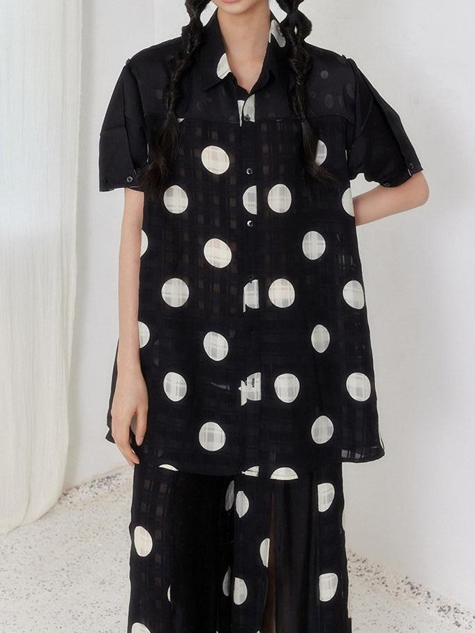 SENSELF Black Polka Dot Plaid Patchwork Women's Loose Three Quarter Sleeve Shirts