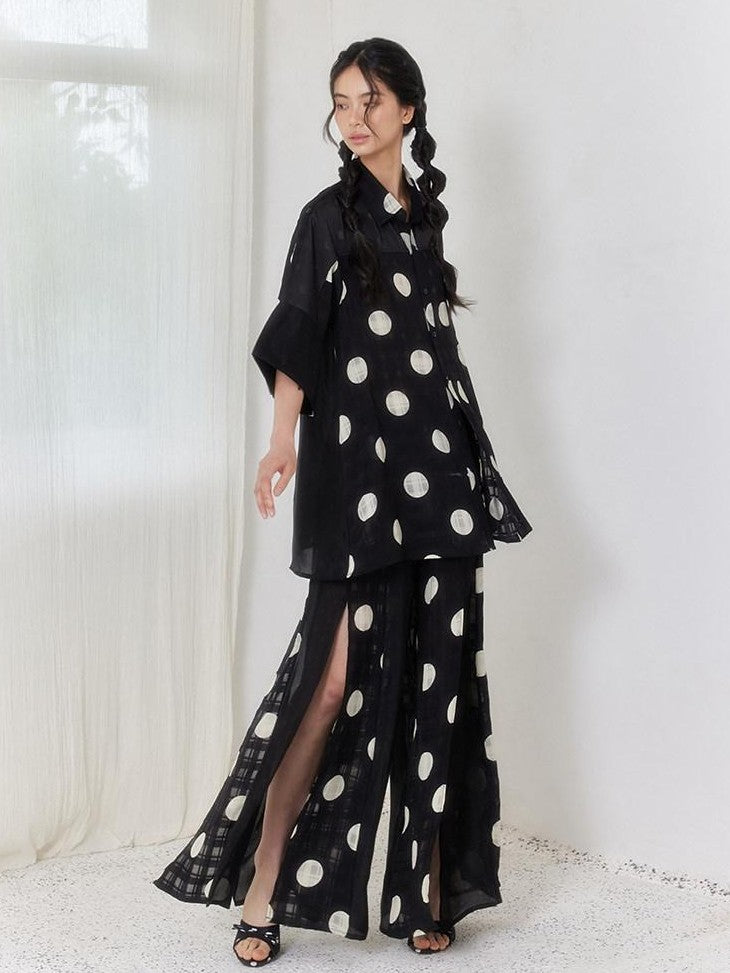 SENSELF Black Polka Dot Plaid Patchwork Women's Loose Three Quarter Sleeve Shirts