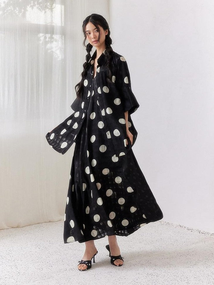 SENSELF Black Polka Dot Plaid Patchwork Women's Loose Three Quarter Sleeve Shirts