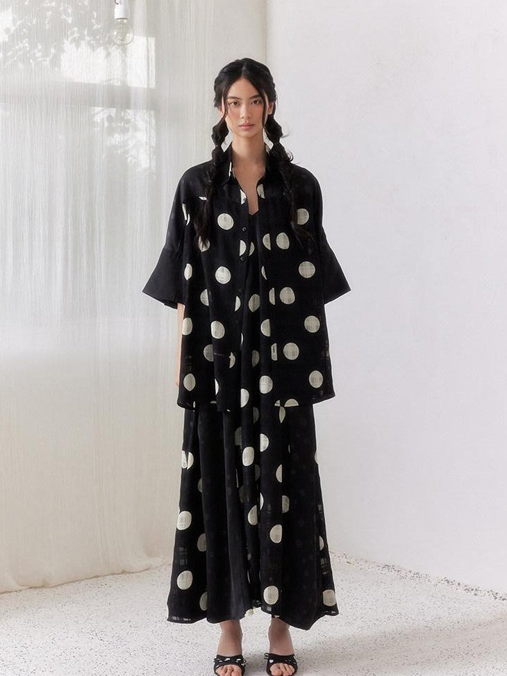 SENSELF Black Polka Dot Plaid Patchwork Women's Loose Three Quarter Sleeve Shirts