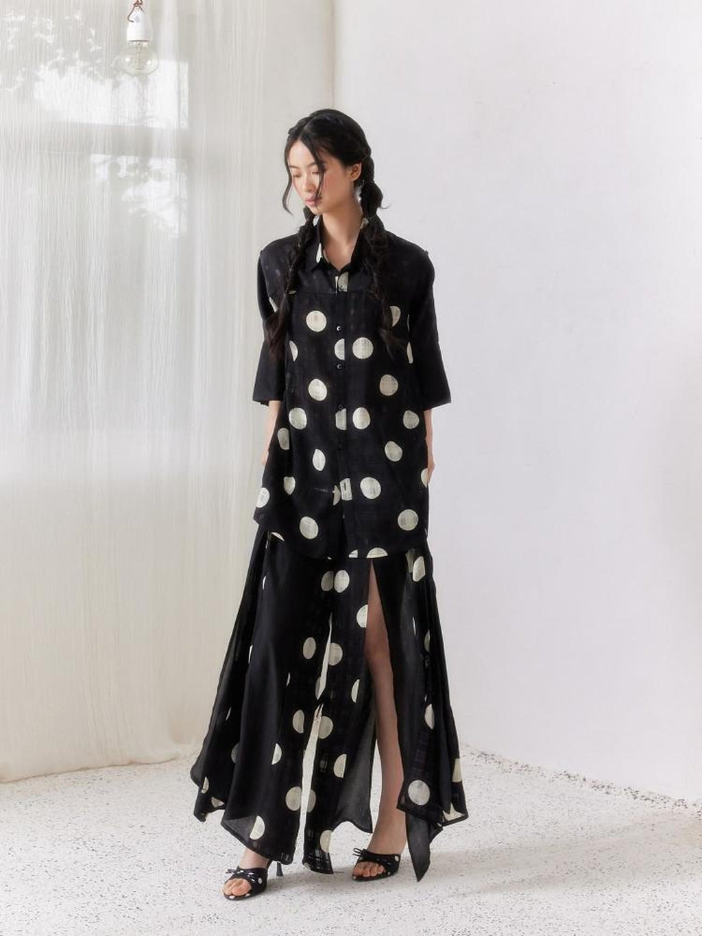 SENSELF Black Polka Dot Plaid Patchwork Women's Loose Three Quarter Sleeve Shirts
