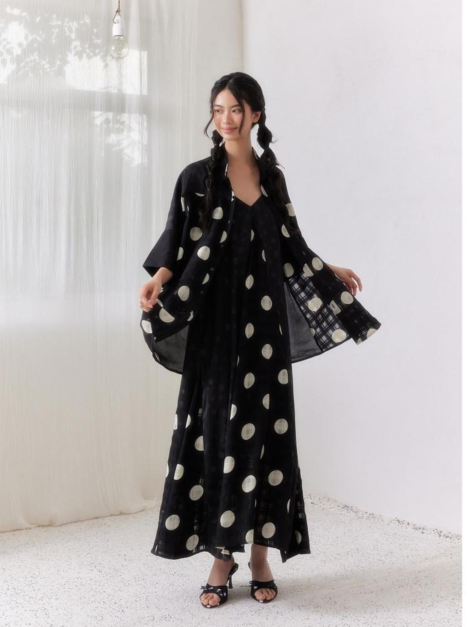 SENSELF Black Polka Dot Plaid Patchwork Women's Loose Three Quarter Sleeve Shirts