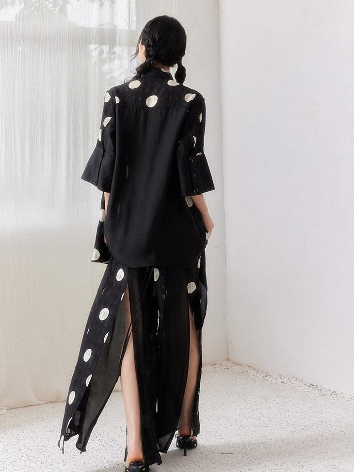 SENSELF Black Polka Dot Plaid Patchwork Women's Loose Three Quarter Sleeve Shirts
