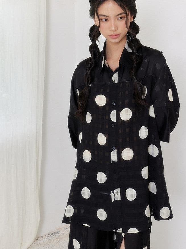 SENSELF Black Polka Dot Plaid Patchwork Women's Loose Three Quarter Sleeve Shirts