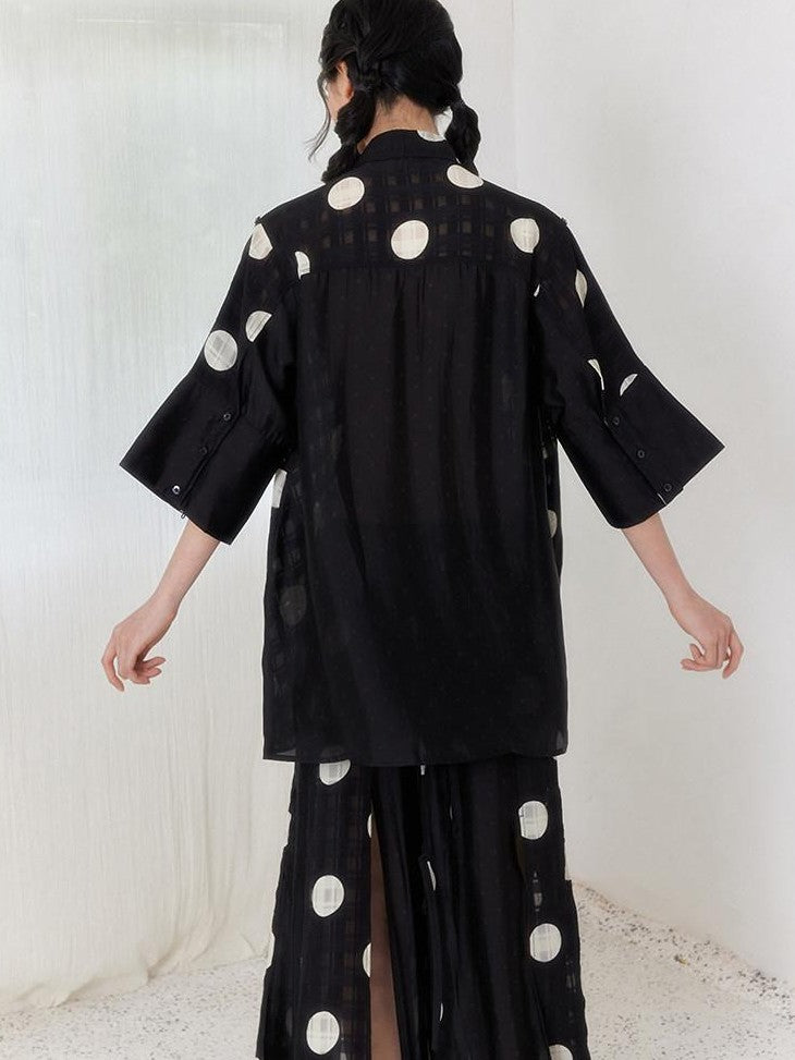 SENSELF Black Polka Dot Plaid Patchwork Women's Loose Three Quarter Sleeve Shirts