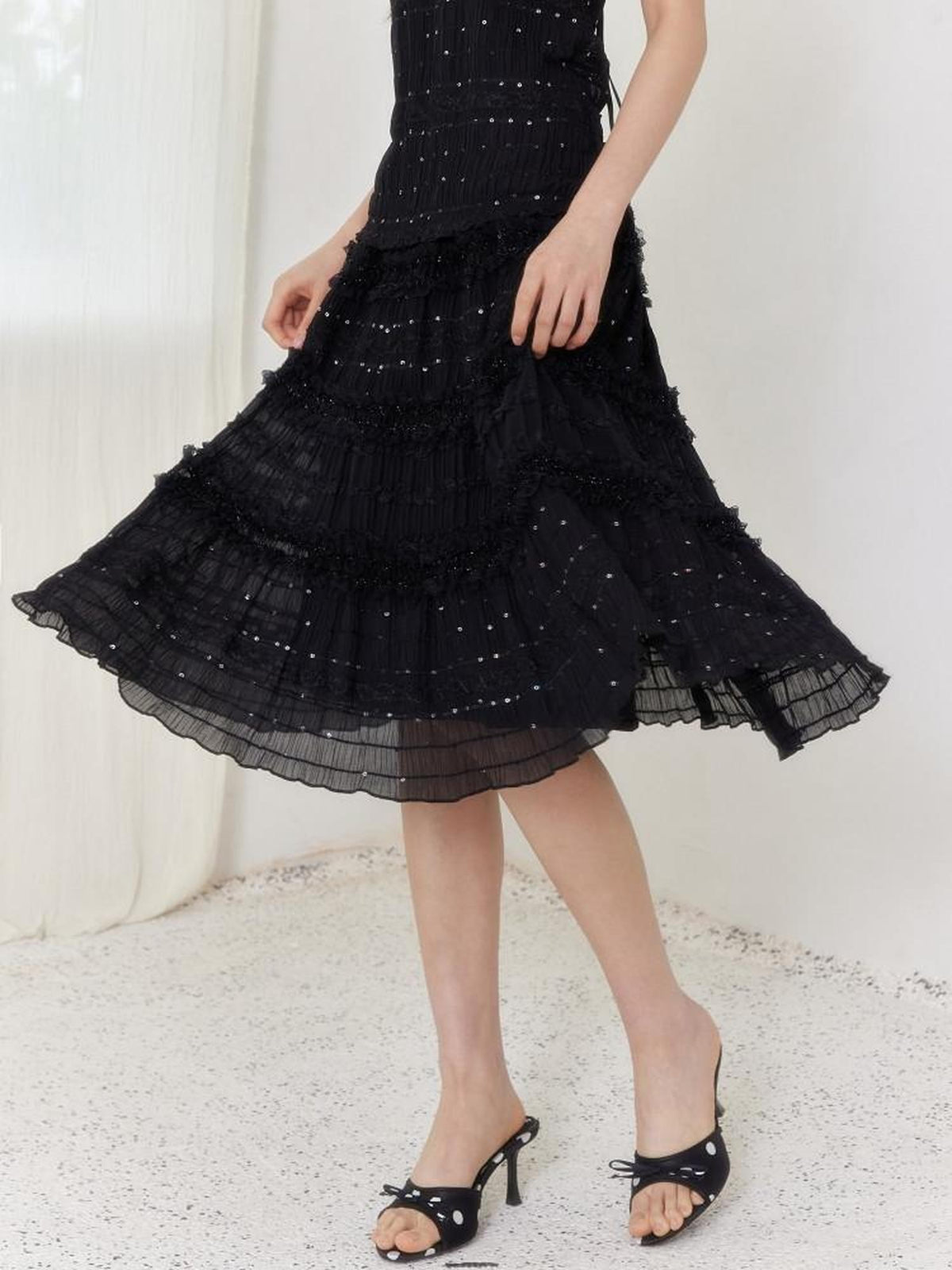 SENSELF Black Vintage Sequin Pleated Lace Patchwork Women's A-line Skirts