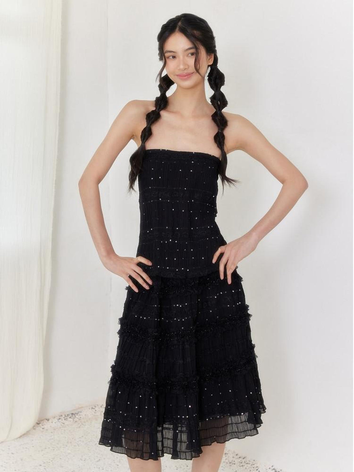SENSELF Black Vintage Sequin Pleated Lace Patchwork Women's A-line Skirts