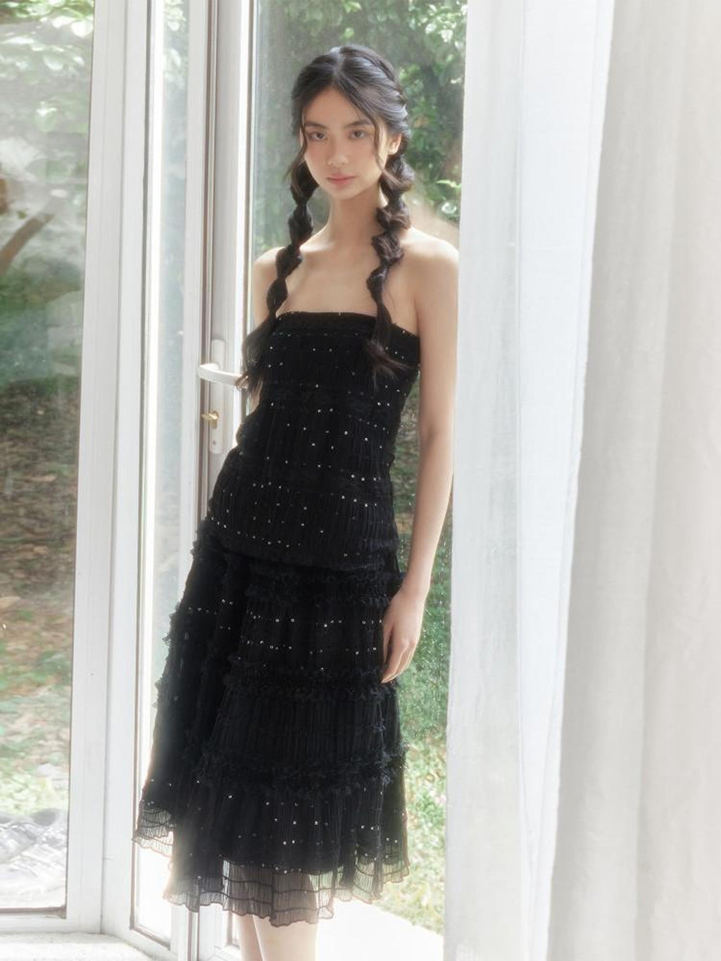 SENSELF Black Vintage Sequin Pleated Lace Patchwork Women's A-line Skirts