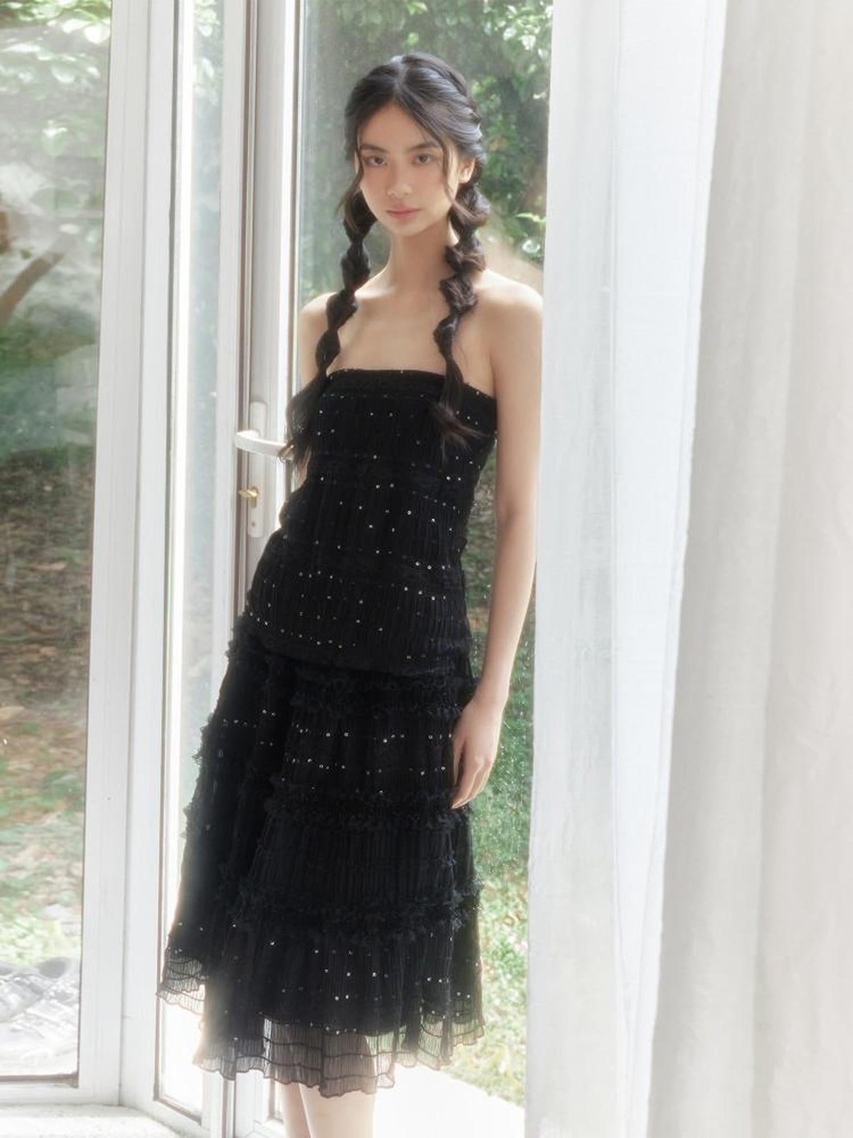 SENSELF Black Vintage Sequin Pleated Lace Patchwork Women's A-line Skirts