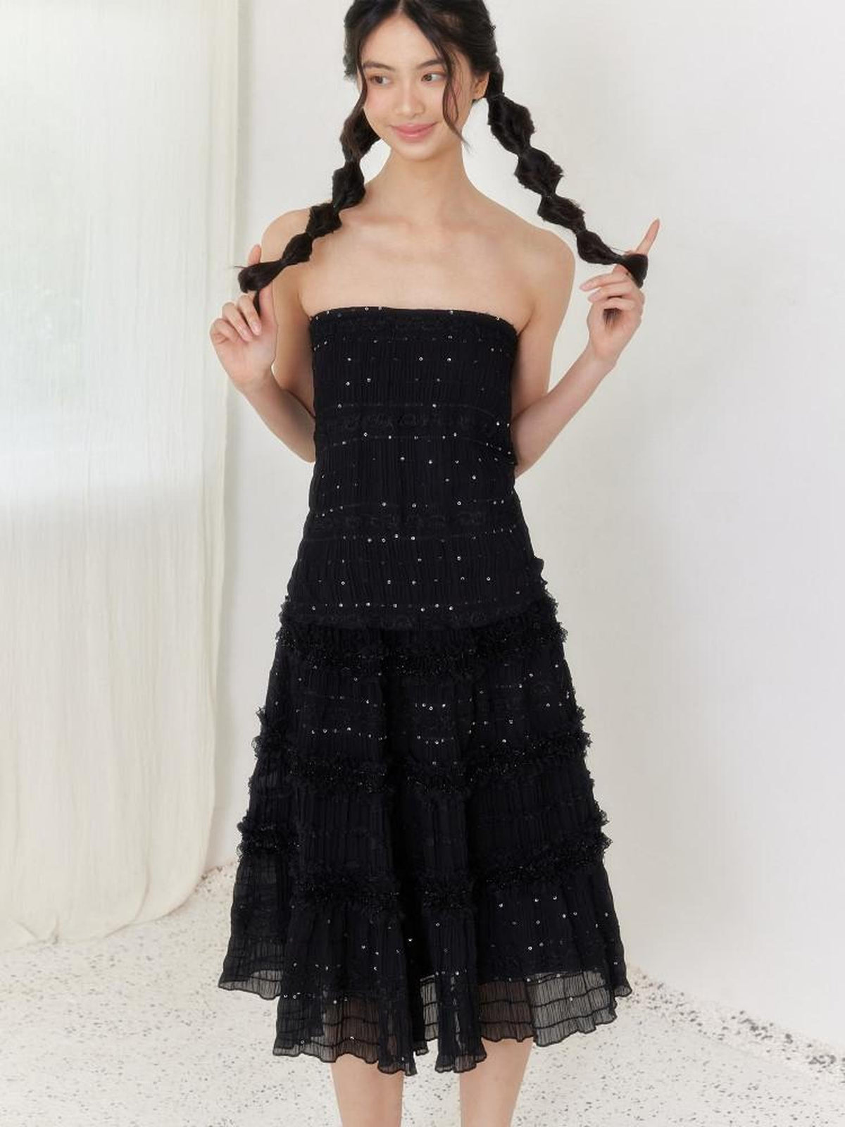 SENSELF Black Vintage Sequin Pleated Lace Patchwork Women's A-line Skirts
