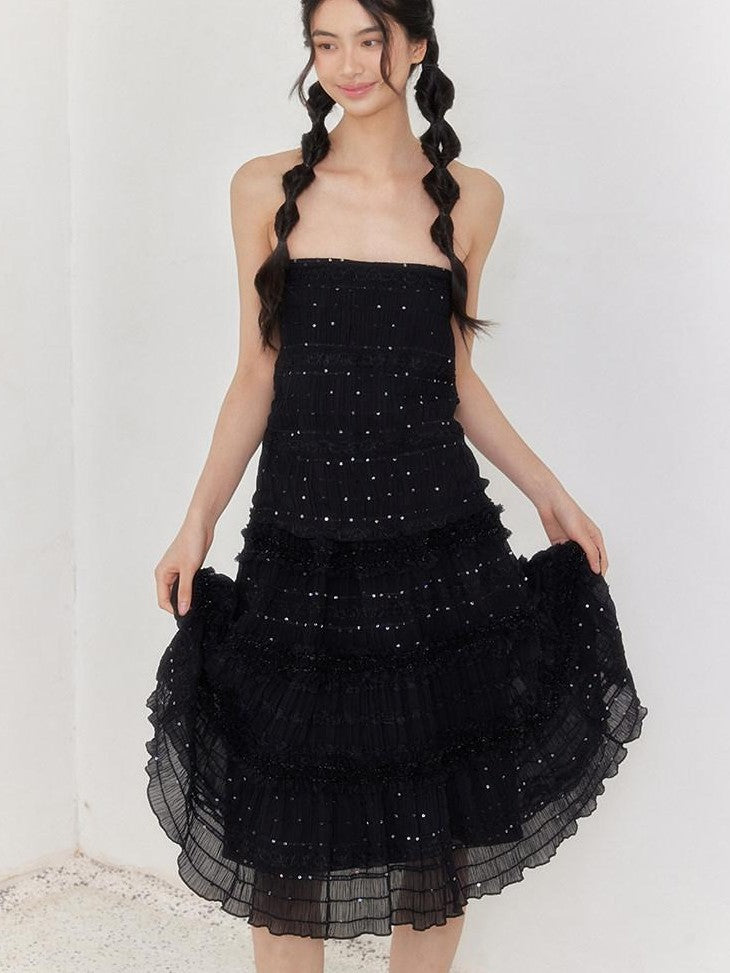 SENSELF Black Vintage Sequin Pleated Lace Patchwork Women's A-line Skirts