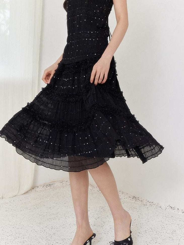 SENSELF Black Vintage Sequin Pleated Lace Patchwork Women's A-line Skirts