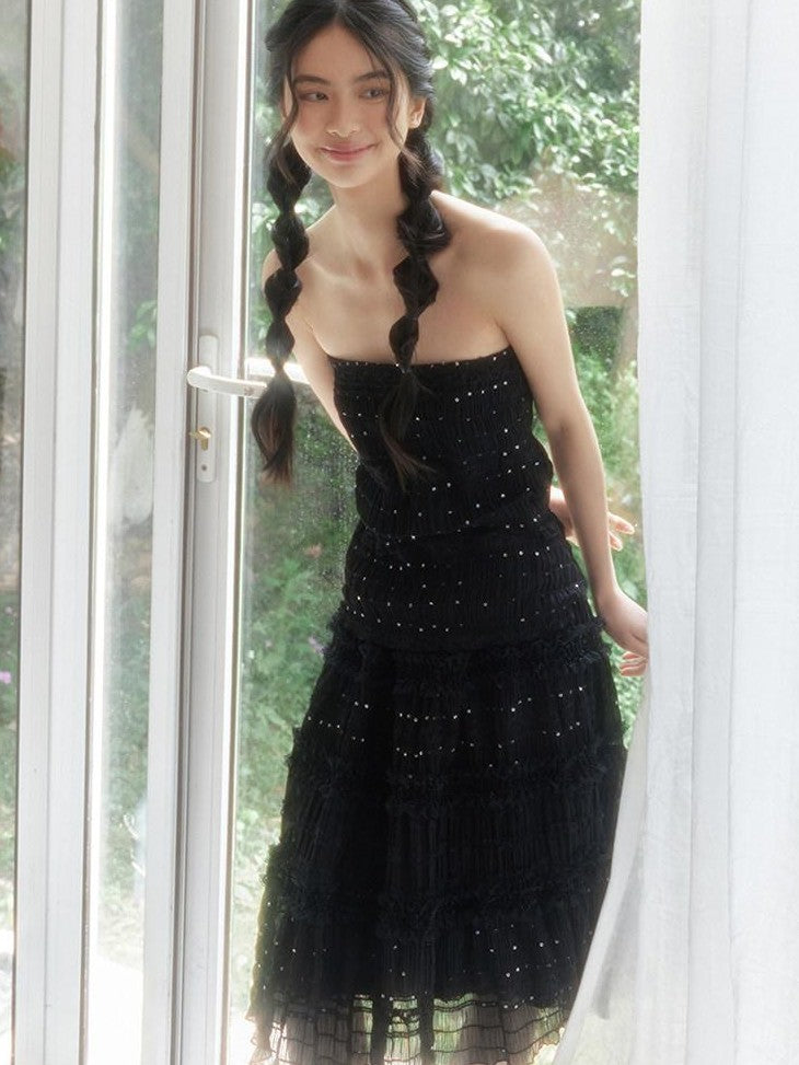 SENSELF Black Vintage Sequin Pleated Lace Patchwork Women's A-line Skirts