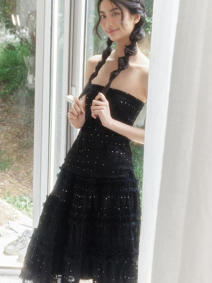 SENSELF Black Vintage Sequin Pleated Lace Patchwork Women's A-line Skirts