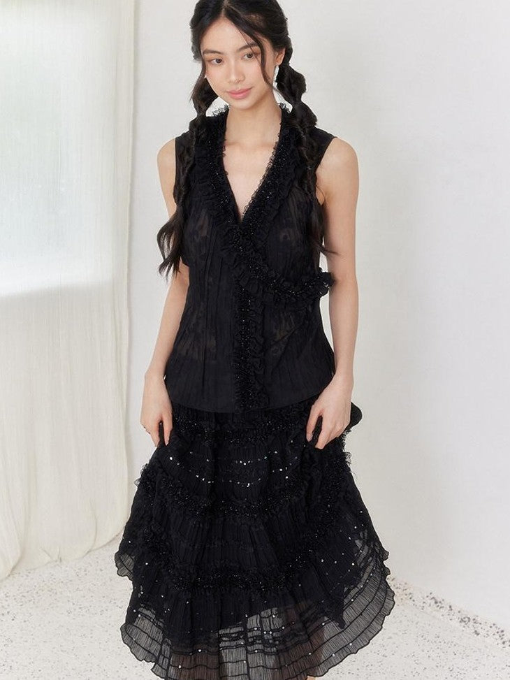 SENSELF Black Vintage Sequin Pleated Lace Patchwork Women's A-line Skirts