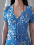 SENSELF Blue Cutout Halter Off Shoulder Beaded Knit Women's Short Sleeve T-shirts