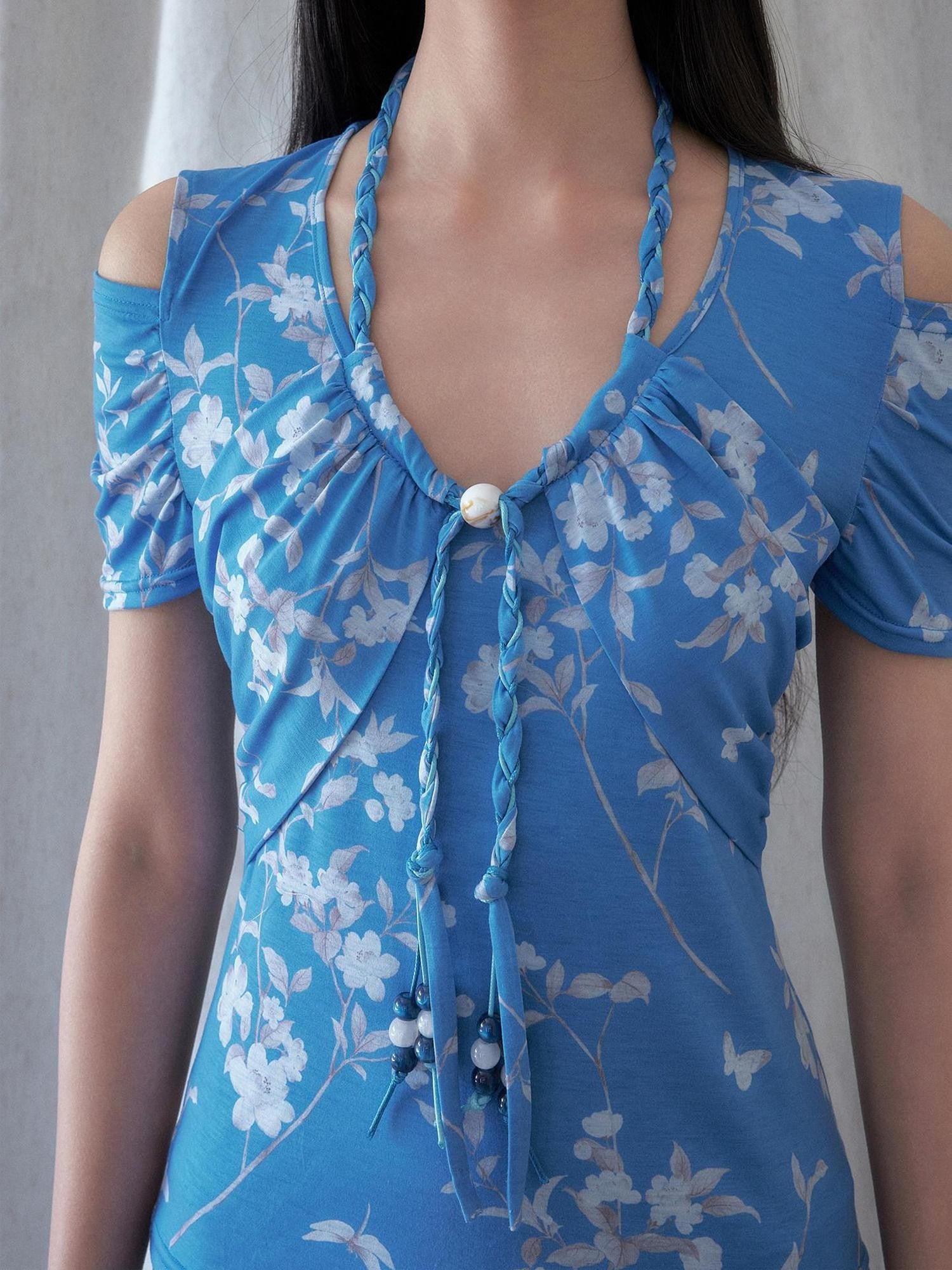 SENSELF Blue Cutout Halter Off Shoulder Beaded Knit Women's Short Sleeve T-shirts