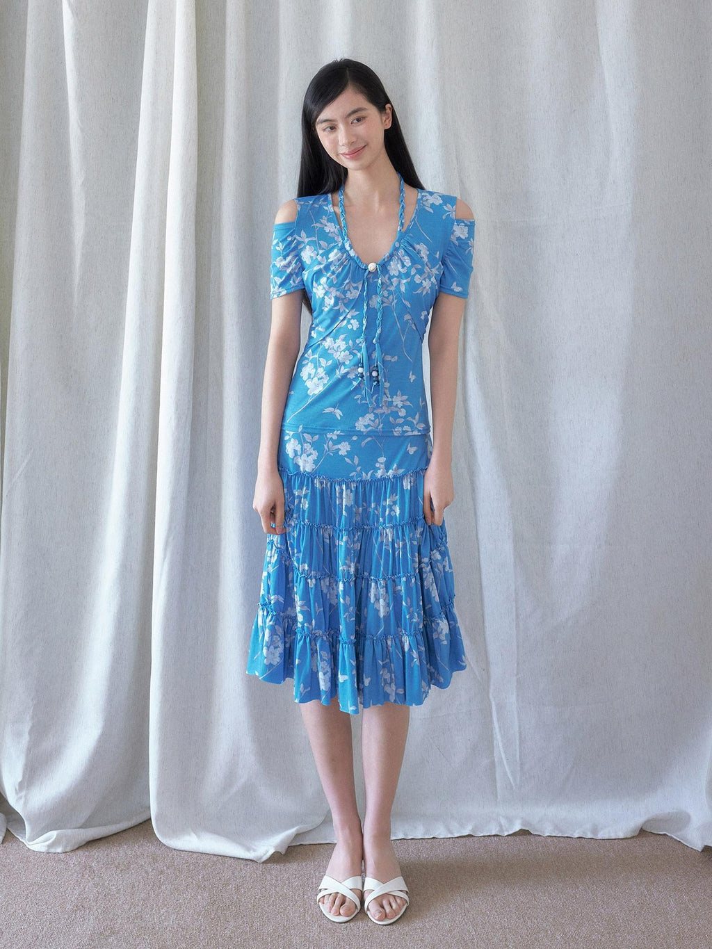 SENSELF Blue Cutout Halter Off Shoulder Beaded Knit Women's Short Sleeve T-shirts